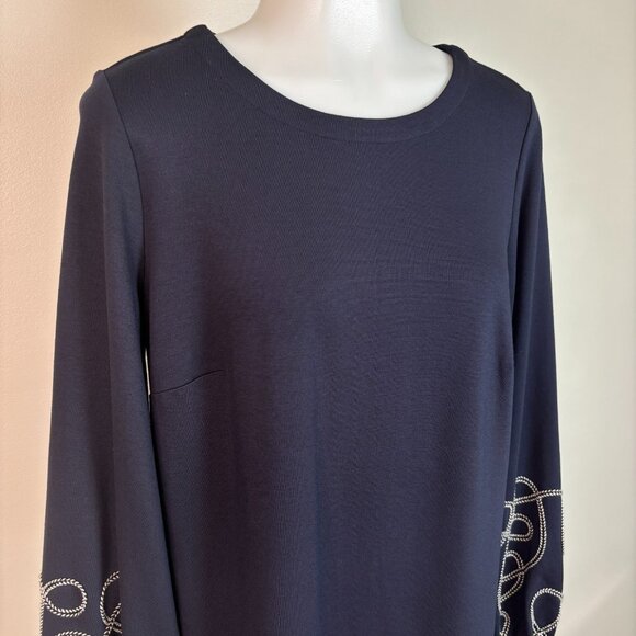 Ann Taylor Shift Dress Medium Navy Blue Embroidered Sleeves Ponte Knit Stretch - Picture 2 of 12